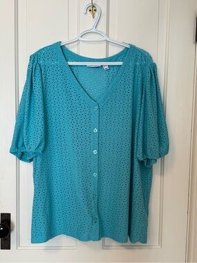 Susan Graver Turquoise Eyelet Button-Front Blouse Women's Size 3X